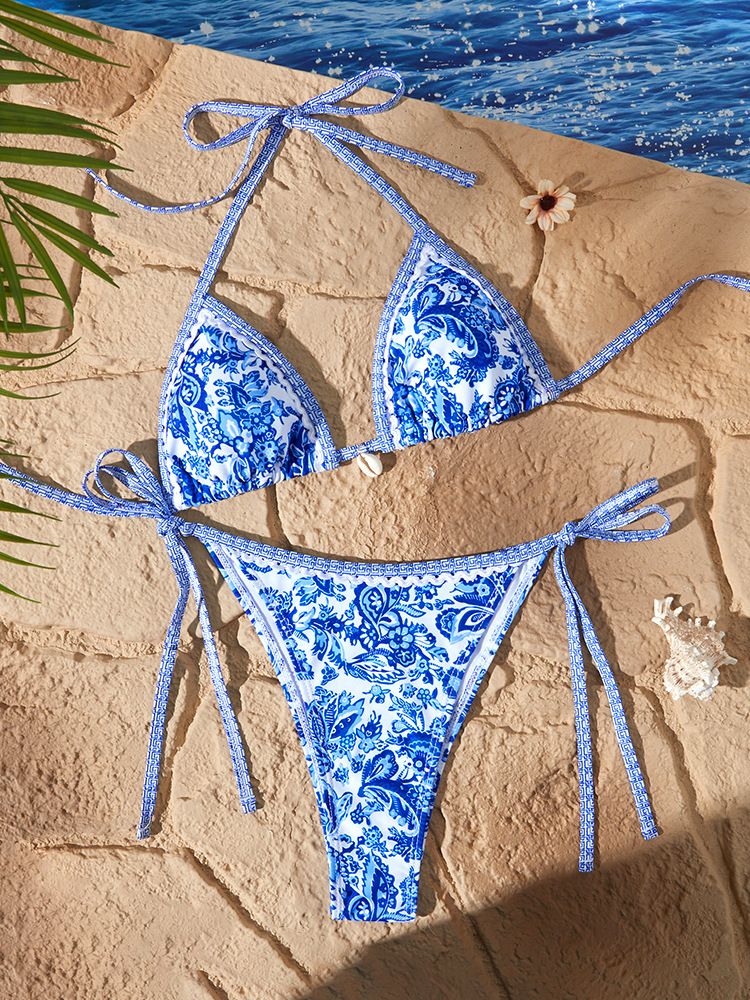 Women's Clothing Women's Style Swimsuit Blue White Porcelain Print Backless Halter Neck Bikini Three Piece Sexy_ecoleips.com