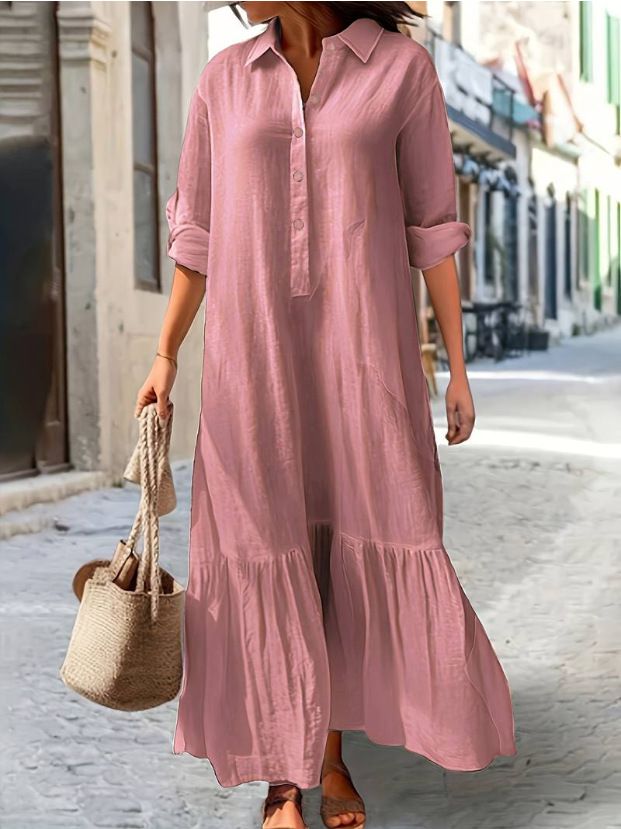 Women's Clothing Cotton And Linen Long Irregular Dress Shirt Collar Twist Button Casual Dress_ecoleips.com