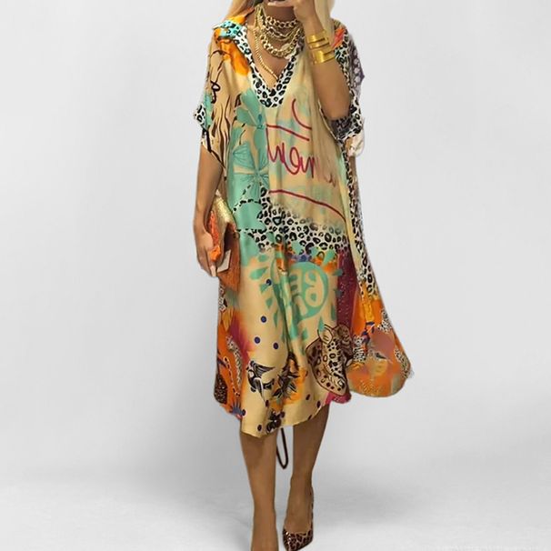 Women's Fashion And Casual Leopard Print Color Printed Deep V-Neck Five-Quarter Sleeve Dress_ecoleips.com