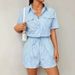 Women's Clothing Striped Button Front Placket Casual Short Sleeved Waist Jumpsuit_ecoleips.com