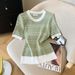 Korean Style Women's T-Shirt round Neck Striped Slim Fit Short Sleeve Ice Silk Knit Top for Summer New 2026_ecoleips.com