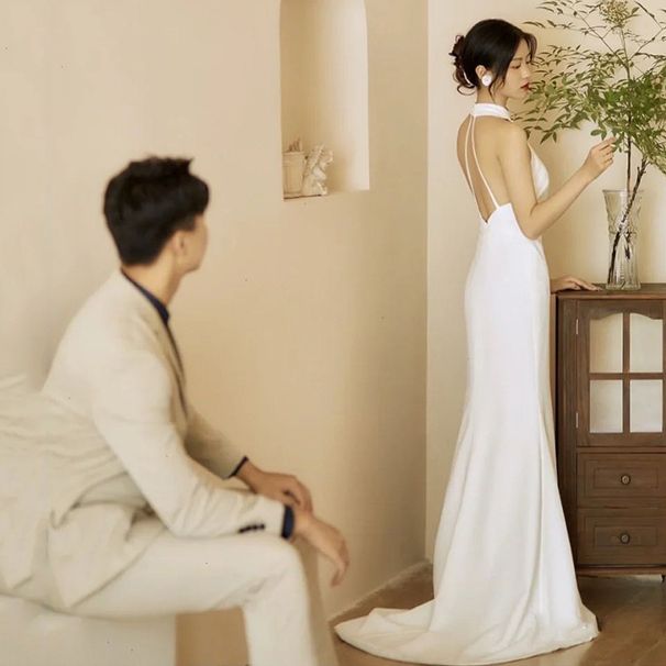 Satin Mermaid Light Wedding Dress 2026 New Bridal French Simple Super Fairy Halter Neck Backless Forest Style White_ecoleips.com