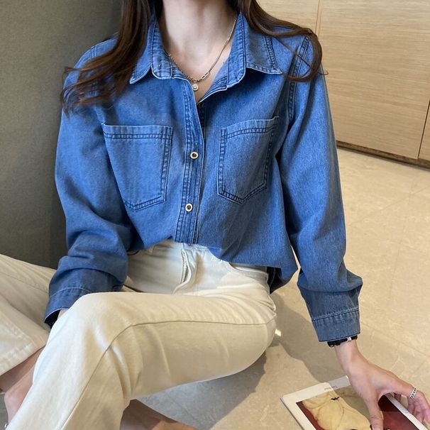 Dark Blue Retro Front Shoulder Hong Kong Style Soft Denim Shirt Women's Spring And Autumn 2026 Spring Clothes Small Top Retro Style_ecoleips.com