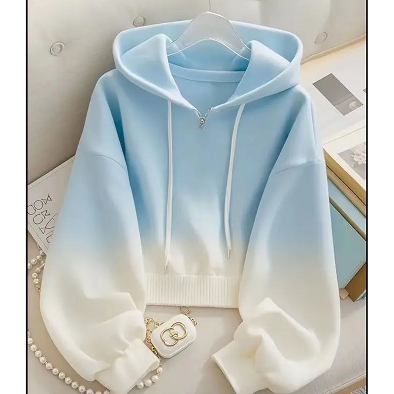 2026 New Blue Gradient Hooded Sweatshirt Jacket, High-End Autumn Fashion For Women, Unique And Super Stylish Top_ecoleips.com