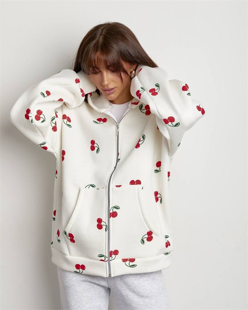 Cherry Print Sweater Jacket Street Style Fashion Trendy Brand Loose And Versatile Sports, Hoodie_ecoleips.com