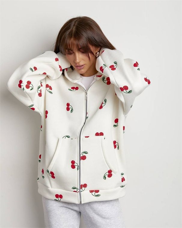 Cherry Print Sweater Jacket Street Style Fashion Trendy Brand Loose And Versatile Sports, Hoodie_ecoleips.com