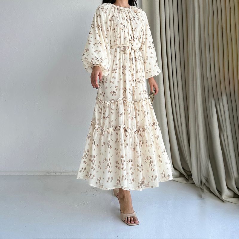 Muslim Floral Print Long Belted Fashionable And Elegant Dress_ecoleips.com