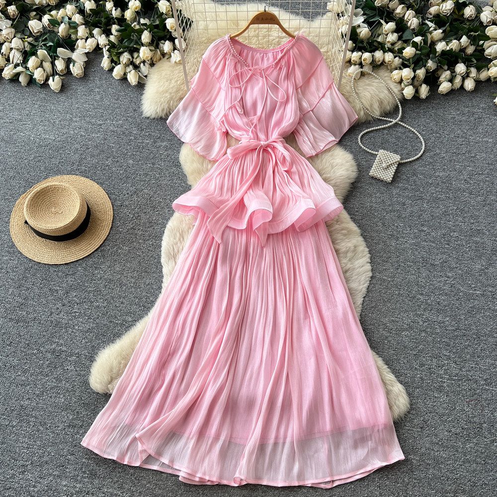 Elegant Pleated Dress for Women Belted Waist A-Line Skirt Orange Color Summer Style High End Feel Full Skirt_ecoleips.com