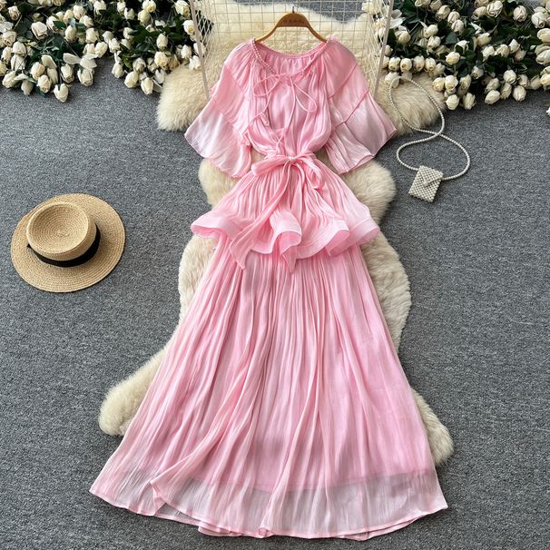 Elegant Pleated Dress for Women Belted Waist A-Line Skirt Orange Color Summer Style High End Feel Full Skirt_ecoleips.com