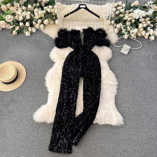 Women's Clothing elegant temperament jumpsuit female ins wear one shoulder fur splicing sequins slim trousers_ecoleips.com