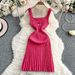 Women's Clothing Sexy Square Neck Knitted Suspender Dress Elastic Waist Slim Pleated Mid Length Skirt_ecoleips.com
