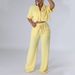 Women's Clothing Solid Color Short Sleeved Shirt Collar Top Long Casual Wide Leg Pants Suit_ecoleips.com
