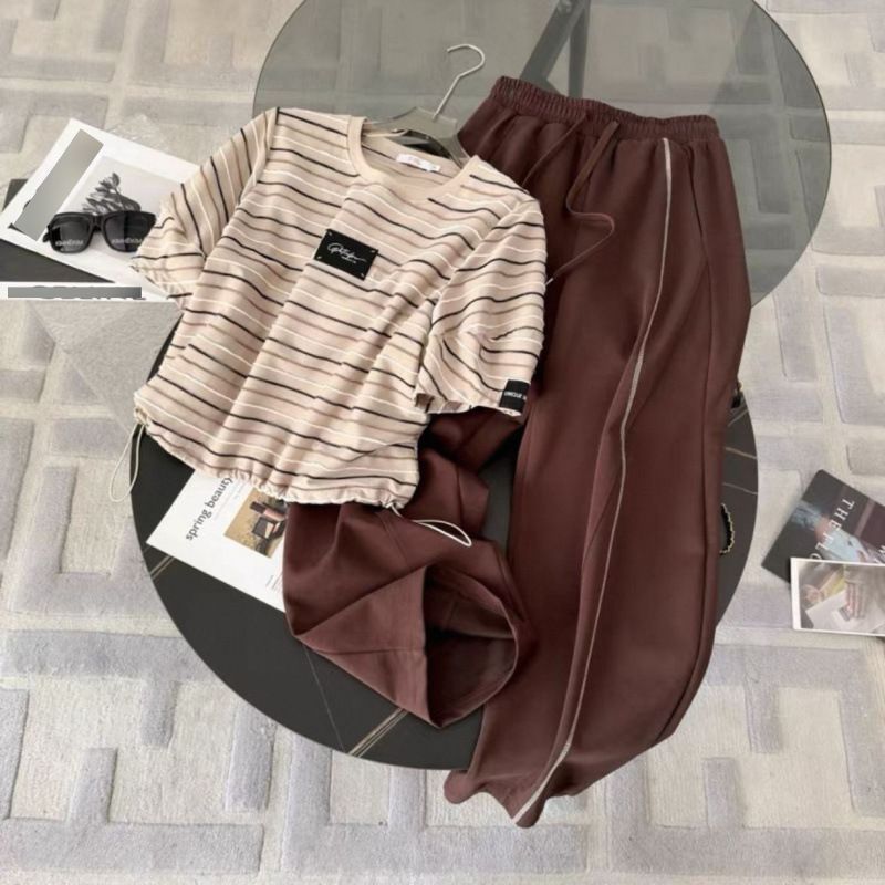 Women's Clothing Summer New High End Hong Kong Style Leisure Sports Suit Women's Fashion Striped Top Wide Leg Pants Two Piece Suit_ecoleips.com