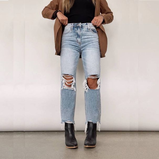 Women's Clothing Retro High Waisted Ripped Straight Jeans_ecoleips.com