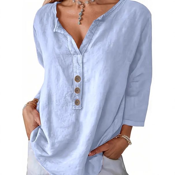 Women's Clothing Bohemian V-Neck Blouse | Lightweight Crinkle Chiffon Shirt With Roll-Up Sleeves – Airy Sky Blue & Versatile Layering Piece_ecoleips.com