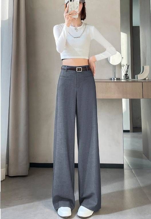 Fall Winter High-Waisted Flared Dress Pants For Women – Fleece-Lined Wide-Leg Trousers With Straight Cut & Elegant Tailoring (Black, Gray, White )_ecoleips.com
