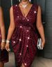 Plus Size V-Neck Bodycon Dress – Stretchy Knit Midi Dress For Women (Breathable Polyester, Burgundy, Sleeveless, High Waist)_ecoleips.com