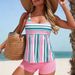 Women's Modest Swimdress Bikini Set Striped High-Neck Top Skirted Bottom S-5XL Blue Pink Options UPF 50+_ecoleips.com