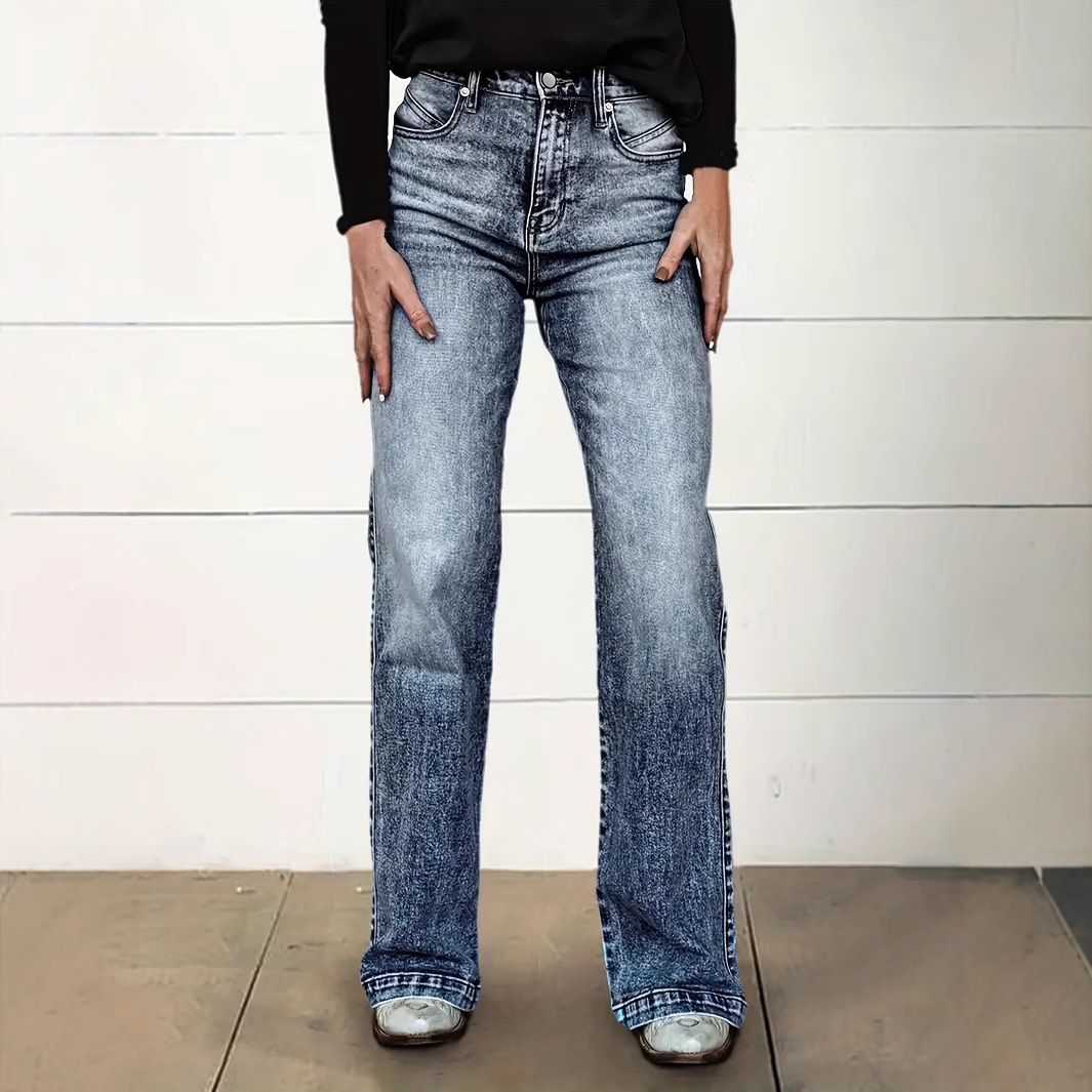 Women's Washed Stretch mid Rise Casual Straight Leg Jeans Versatile Fashionable Cotton Denim for Spring/Autumn Summer_ecoleips.com
