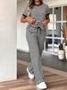 Women's Spring Summer Two Piece Set Striped Round Neck Short Sleeve Top And Drawstring Loose Straight Leg Pants_ecoleips.com