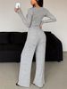 K New Set Of Long-sleeved Pure Color Slim-fit Top With Button-through Trousers For Women_ecoleips.com
