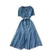 French Style Chic V Neck Dress Metal Buttons Cinched Waist Slimming Mesh Lace Ruffles_ecoleips.com
