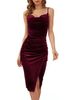 Verve Spring Summer New Fashion Women's Elegant Slit Pleated Velvet Strap Dress Evening Gown_ecoleips.com