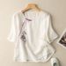 Short-Sleeved Shirt For Women, Embroidered Design; Loose Fit With A Literary And Retro Style; Made From Cotton-Linen Fab_ecoleips.com
