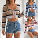 2026 Summer Hollowed-Out Contrast Color Striped Lace-Up Long-Sleeve Cropped Knit Cardigan Sunscreen Shirt Cross-Border_ecoleips.com