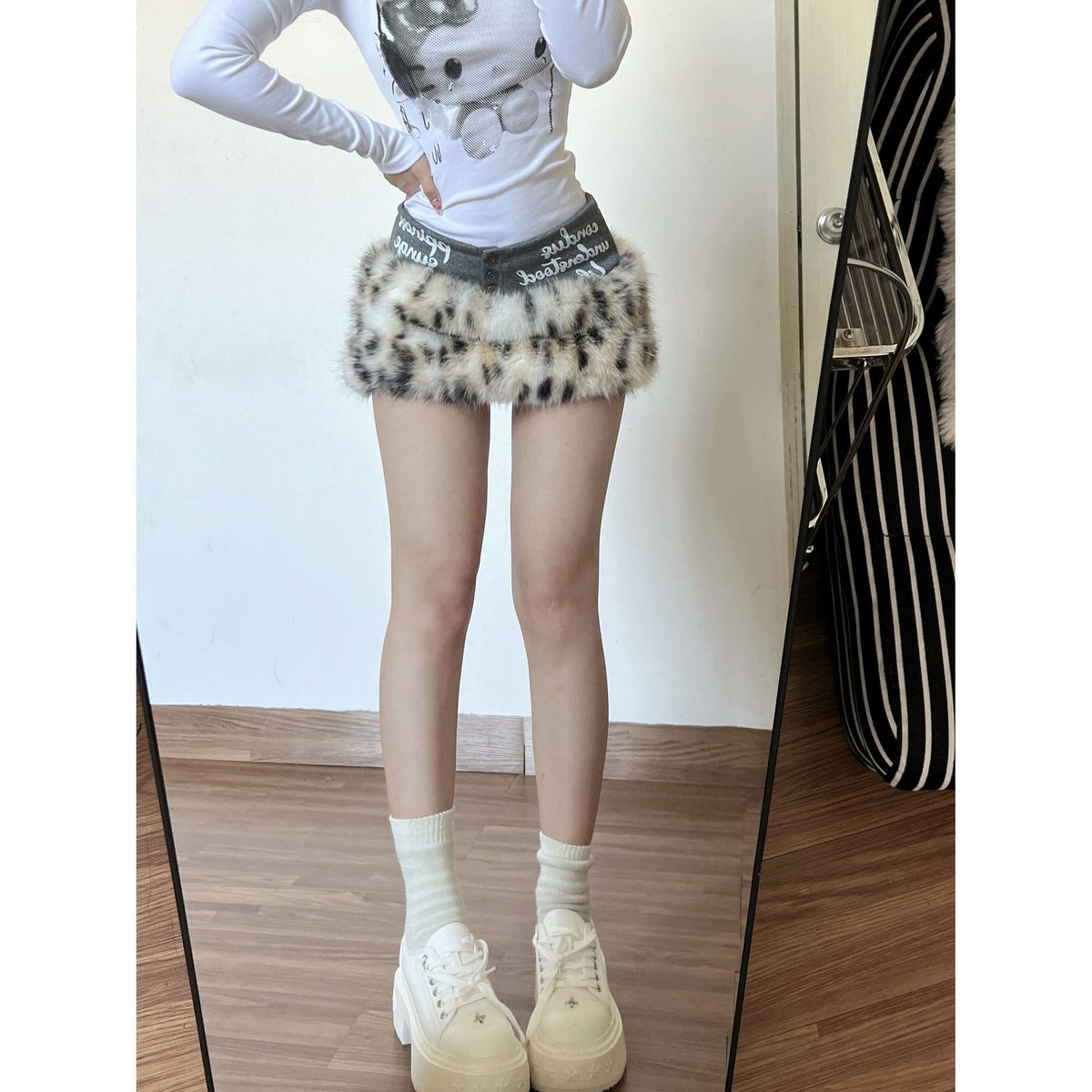 Leopard Print Fur Patchwork Slimming A-Line Midi Skirt Low Waisted Sexy Mini Skirt/Pants for Women Autumn/Winter Style_ecoleips.com