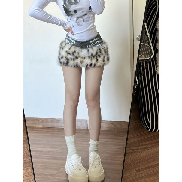 Leopard Print Fur Patchwork Slimming A-Line Midi Skirt Low Waisted Sexy Mini Skirt/Pants for Women Autumn/Winter Style_ecoleips.com