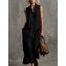Solid Color Stand Collar Button Design Sleeveless Loose Cotton Linen Casual Dress For Women Daily Leisure Wear_ecoleips.com