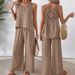 Women's Sleeveless Vest And Trousers Set Solid Color Back Hollowed Out Lace_ecoleips.com