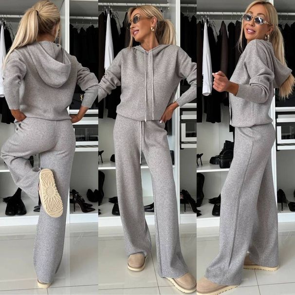 Women's Clothing Autumn And Winter New Leisure Suits For Women Solid Color Hooded Long Sleeved Sweatshirt With Drawstring Wide Leg Pants Two Piece Set_ecoleips.com