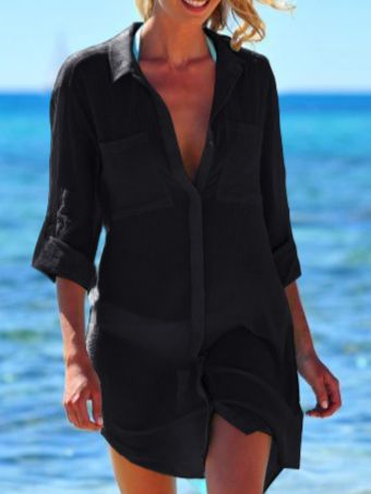 Women's Clothing New Wrinkled Cloth Two Hidden Pockets Buckle Beach Cover Up Bikini Jacket Shirt Swimsuit_ecoleips.com