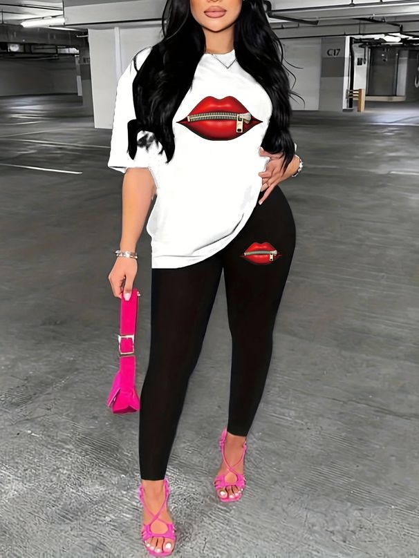 Women's Casual Fashion Red Lip And Zipper Pattern Printed Loose T-shirt+cropped Pants Two-piece Home Sportswear Daily Wear-213_ecoleips.com