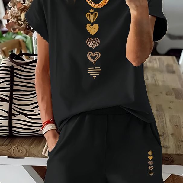 Summer New White Heart-shaped Pattern T-shirt, Casual Printed Round Neck Short Sleeved Top With Elastic Waist Pocket, Women's Two-piece Set-282_ecoleips.com