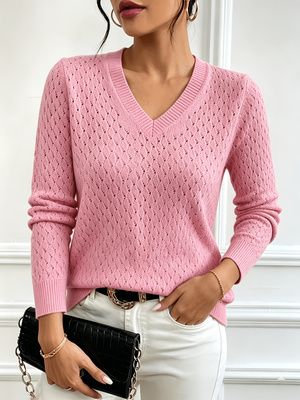 V-neck Openwork Knit Sweater For Women, Slimming Long-sleeved Pullover Sweater For Spring And Autumn, Gentle And Elegant, Versatile Top, European And American Style._ecoleips.com