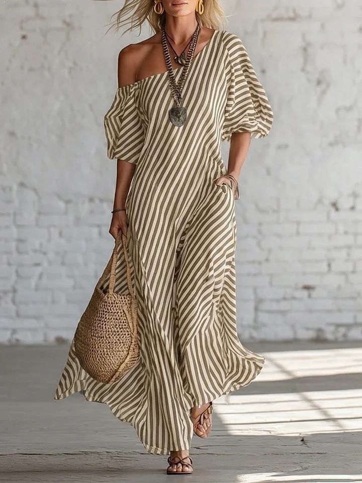 Women's Elegant Off-Shoulder Dress Spring Fashion Irregular Striped Style_ecoleips.com