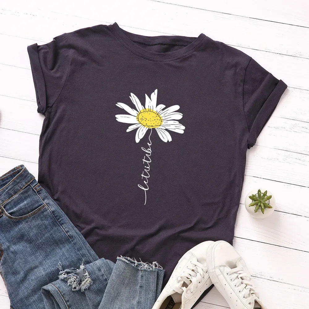 100% Cotton Women T-Shirt 2025 Summer Tshirt Creative Daisies Printed Woman Short Sleeve Tee Tops Female T Shirt_ecoleips.com