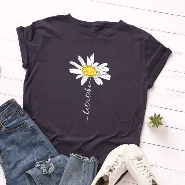 100% Cotton Women T-Shirt 2025 Summer Tshirt Creative Daisies Printed Woman Short Sleeve Tee Tops Female T Shirt_ecoleips.com