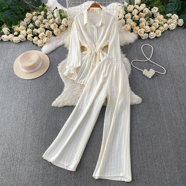 Minimalist Striped Sun Protection Set – Long-Sleeve Shirt With Drawstring Waist & Wide-Leg Pants, Lightweight & Breathable Outfit For Casual Chic_ecoleips.com