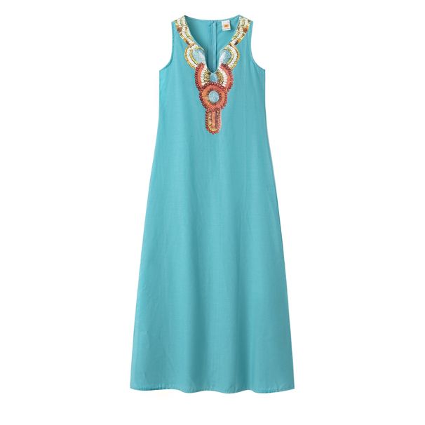 2024 Women's New Casual Bohemian Sexy Sleeveless Deep V-Neck Side Split Dress_ecoleips.com