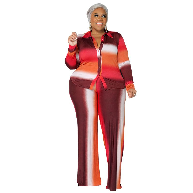 Plus Size Women's Clothing Fashion Printed Striped Trousers Set Two Piece Set_ecoleips.com