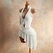 White Textured Fabric Halter Neck Deep V Neck Tie up Irregular Dress for Women Sexy New Style_ecoleips.com