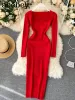 Dresses For Women 2026 Sexy Strapless Ribbed Knitted Bodycon Dress Women Winter Long Sleeve Midi Sweater Dress Clothes_ecoleips.com