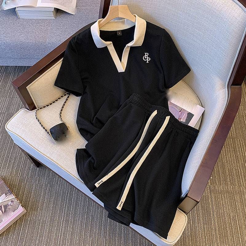 Women's Clothing Large Size Stitching Contrast Color Design Casual Sports Suit Summer Fashion Loose Short Sleeved Shorts Two Piece Suit_ecoleips.com