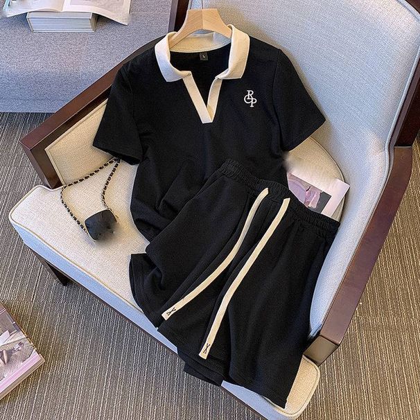 Women's Clothing Large Size Stitching Contrast Color Design Casual Sports Suit Summer Fashion Loose Short Sleeved Shorts Two Piece Suit_ecoleips.com