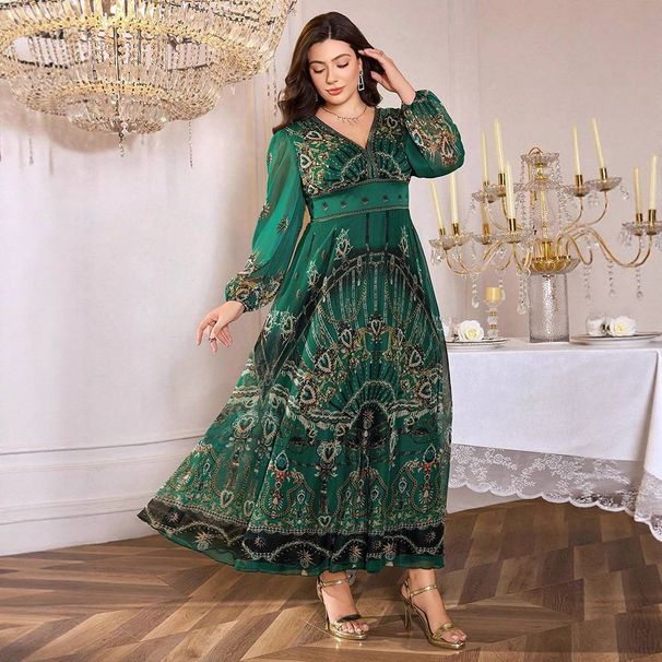 Elegant Plus Size V-Neck Floral Dress – Flowy Lantern Sleeve Maxi Dress For Women Breathable Luxury_ecoleips.com