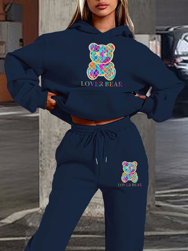 Women's Autumn And Winter Casual Fashion Cartoon Bear Pattern Printed Thick Velvet Warm Hooded Sweatshirt+sports Pants Set-706_ecoleips.com